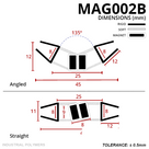 Angled and straight cross-sections of a magnetic seal pair, 45mm at 135 degrees and 25mm between channels