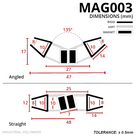 Seal pair drawn angled at 135 degrees (47mm) and straight (48mm), 10mm channels with magnets at the join