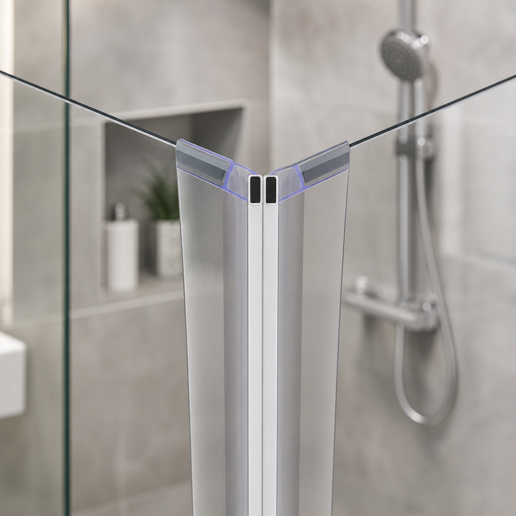 Seal fitted at angled glass corner join, chrome shower head and alcove behind