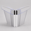 Paired white seal profiles standing open, two black magnet blocks, grey background