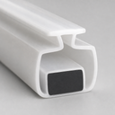 Close-up of white T-profile magnetic channel seal, black magnet strip in cross-section
