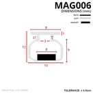 Cross-section in mm: 8mm T-head on a 12mm tall body, 13mm base, single magnet block shown black, tolerance ±0.5mm