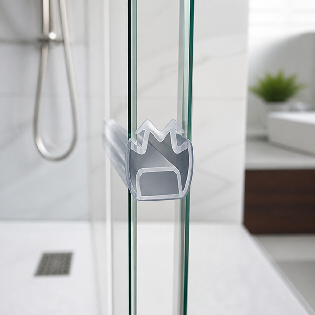 Clear M-shaped seal fitted at glass shower corner, chrome hose and plant behind