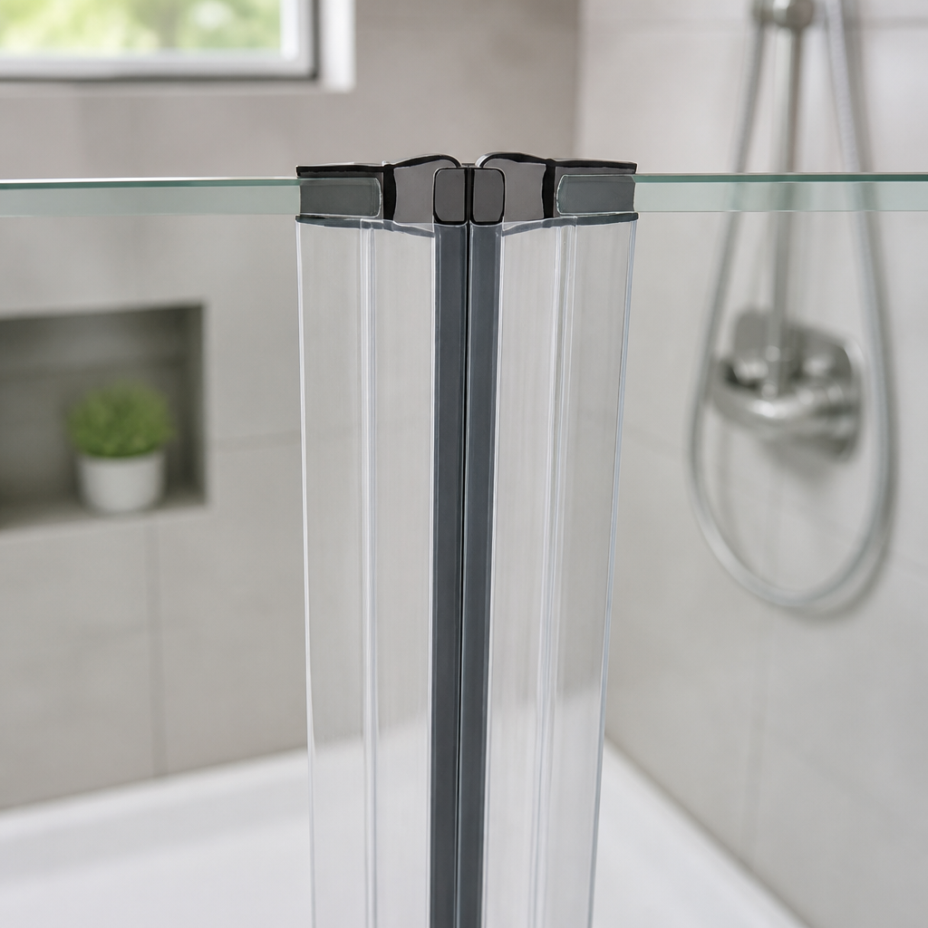 Black-capped clear seal fitted at glass shower corner, chrome head and alcove behind