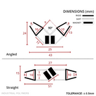 Seal pair drawn folded at 90 degrees (43mm) and straight (51mm), 10mm channels, 24mm tall when angled