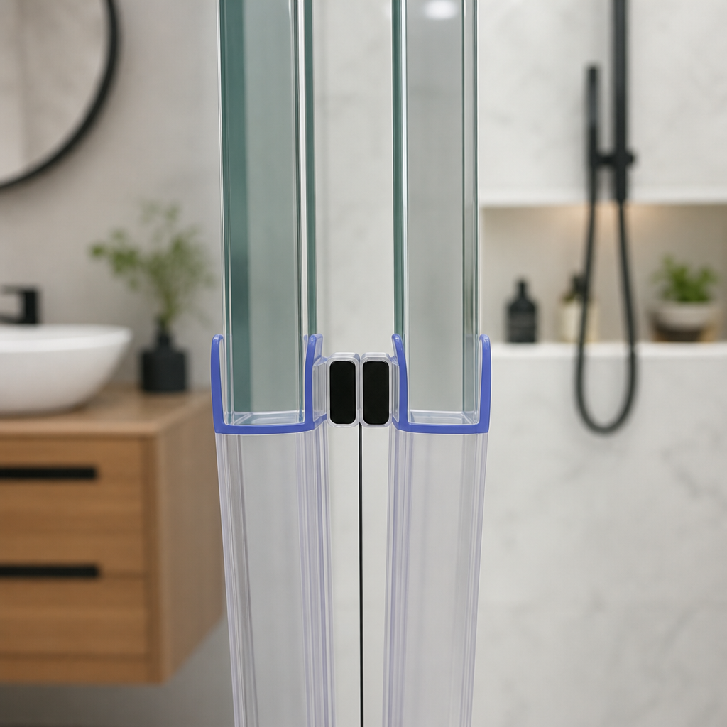 Blue-trimmed seal pair fitted at glass door join, wooden vanity and shower fittings behind