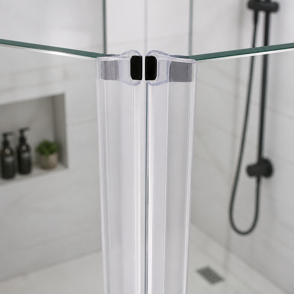 Paired clear seals meeting at angled glass join, magnets visible, shower head behind