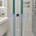 Clear seal fitted at glass shower corner, blue rim visible, tiled wall behind