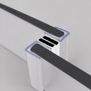 Black seal pair meeting at an angled glass join, blue trim and magnet blocks visible