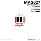 MAG027 dimensioned cross-section: two 4mm magnet strips forming an 8mm pair, 9mm across with red 3M tape, 6mm tall