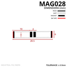 Cross-section of a flat self-adhesive seal pair, 28.5mm overall, 6mm thick, magnets centre, tape ends in red