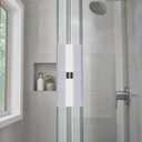 Clear magnetic channel seal closed on glass shower door, shower head and window visible