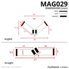 Self-adhesive seal pair drawn at 90 degrees (23mm) and straight (27mm), tape ends red, magnets at centre