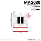 MAG030 dimensioned cross-section: 10mm top, 12mm base, 8mm tall, twin black magnet blocks spanning 6.5mm, ±0.5mm