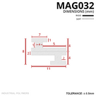 Cross-section in mm of the flat magnetic channel seal: 7mm T-head, 8mm tall, 11mm across the base, ±0.5mm tolerance