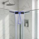 Paired dark magnet ends fitted at shower door join, marble alcove and plant behind