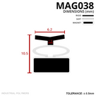 Cross-section of a single T-head seal, 6.2mm head on a 1.5mm stem, soft loop above a magnet, 10.5mm tall