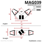 Seal pair shown angled at 90 degrees (34mm) and straight (42mm), 8mm glass channels and central magnets