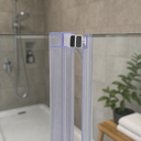 Clear seal fitted at glass shower corner, chrome shower valve and tiled tray behind