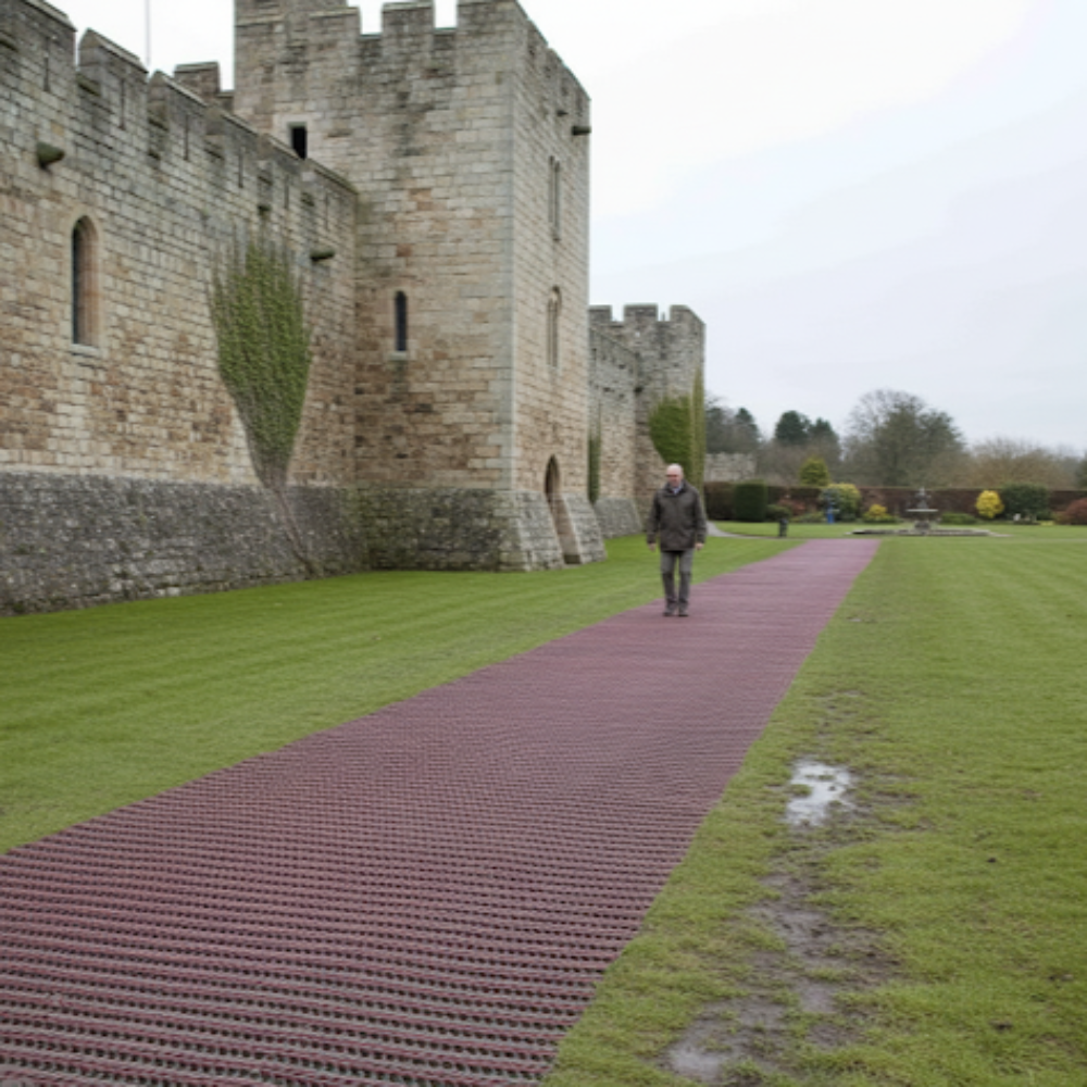 Non-slip UV-stabilised grass protection mesh roll laid on green lawn