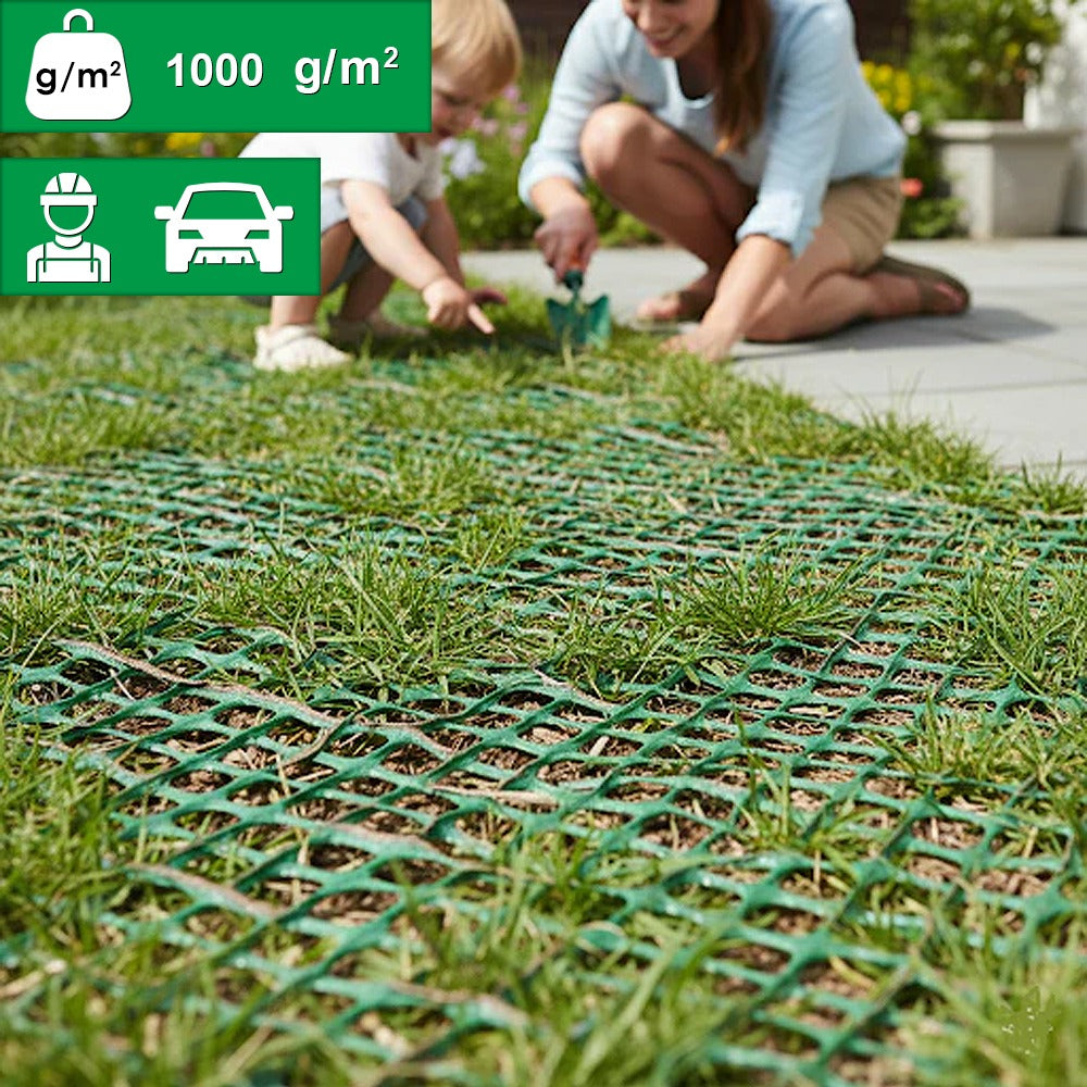 Non-slip grass protection mesh roll laid across lawn for reinforcement