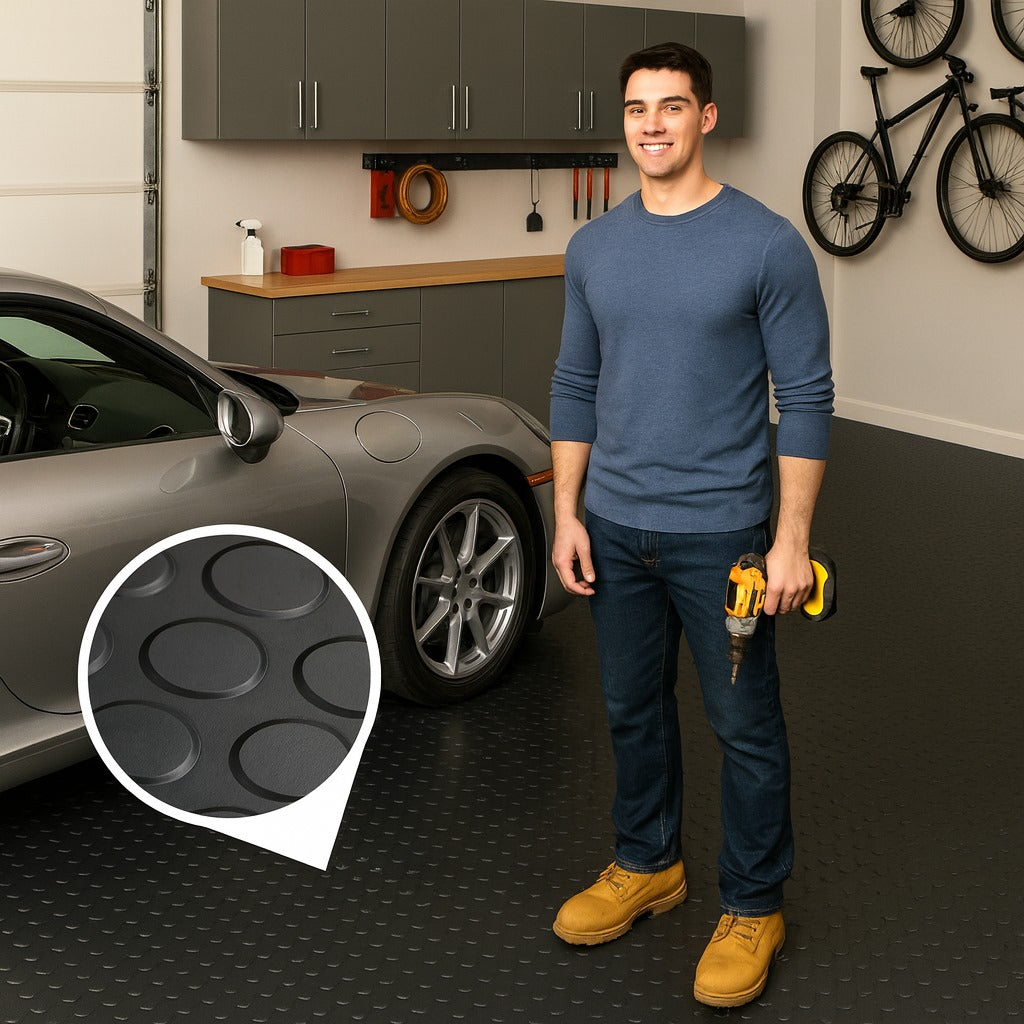 Non-slip, oil-resistant, coin-pattern electrical insulation matting for garage workspace, high voltage protection.