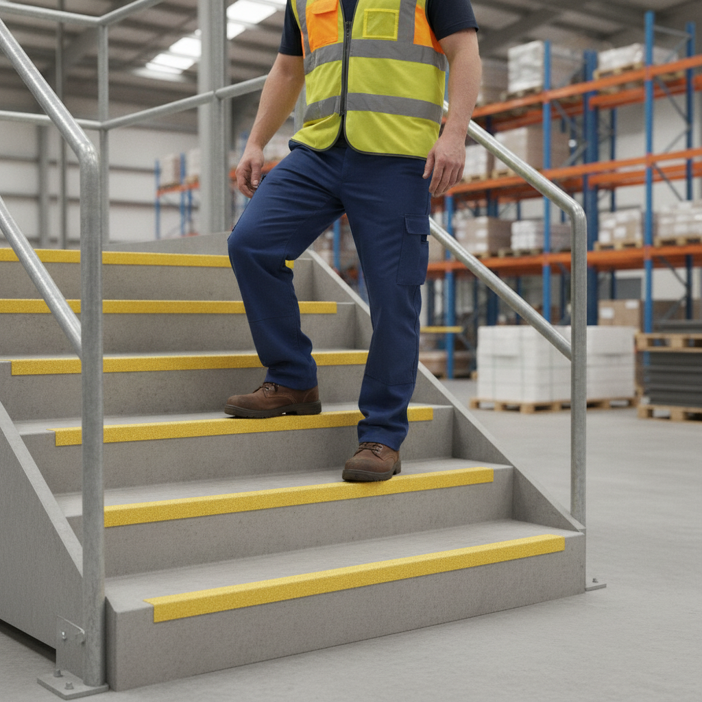Yellow anti-slip GRP stair nosing fitted to the edges of a concrete warehouse staircase, with a worker in hi-vis safety gear walking down the steps