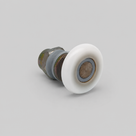 Single white nylon shower door wheel on a zinc-plated threaded stud, angled studio shot on pale grey