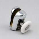Chrome glass-clamp roller on pale grey, open jaw with a white nylon wheel on a threaded spindle