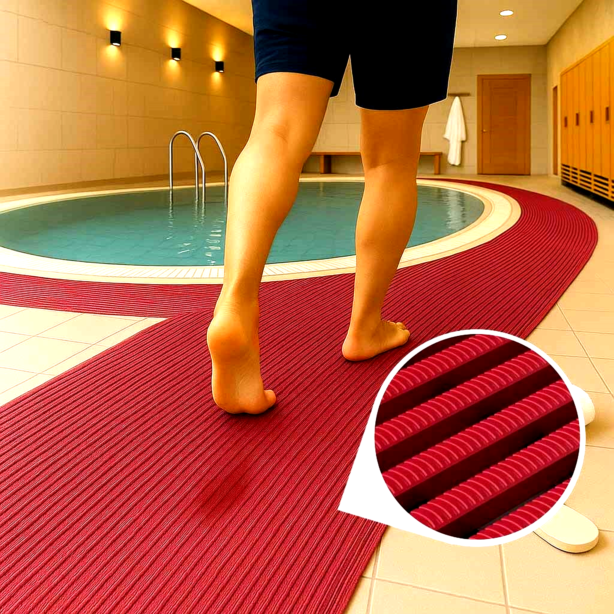 Red ribbed High-Traffic Pool and Wet Areas Safety Mat providing a non-slip walkway around a pool, ideal for wet floors and high foot traffic.