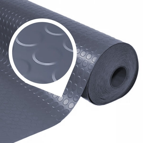 Roll of dark grey, non-slip, coin-pattern rubber electrical insulation matting for high voltage protection, durable and oil-resistant.