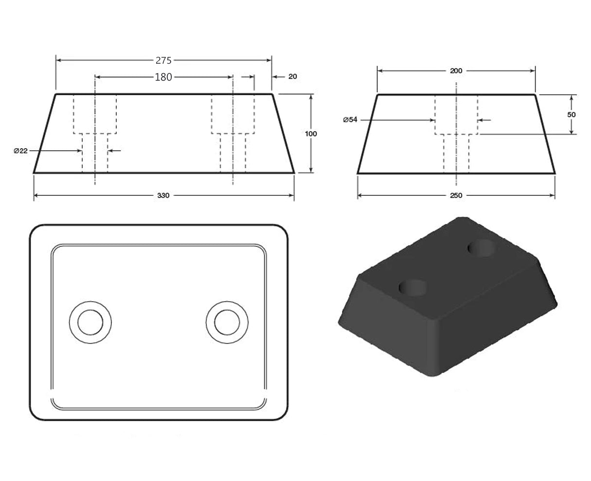 Rubber Dock Bumper with Fixings 330 x 250 x 100mm