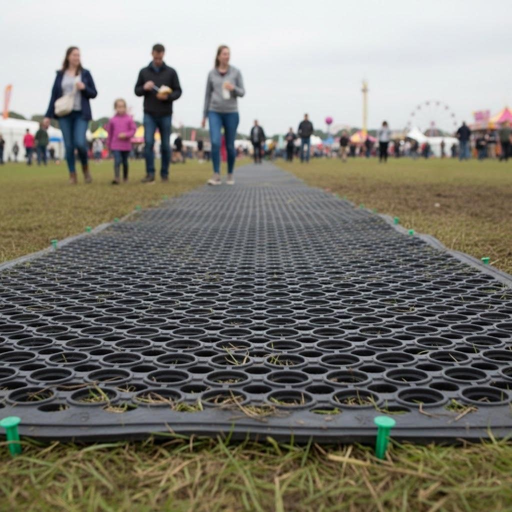 Rubber grass protection mats creating non-slip walkway at outdoor event to prevent ground damage and provide safe pedestrian access
