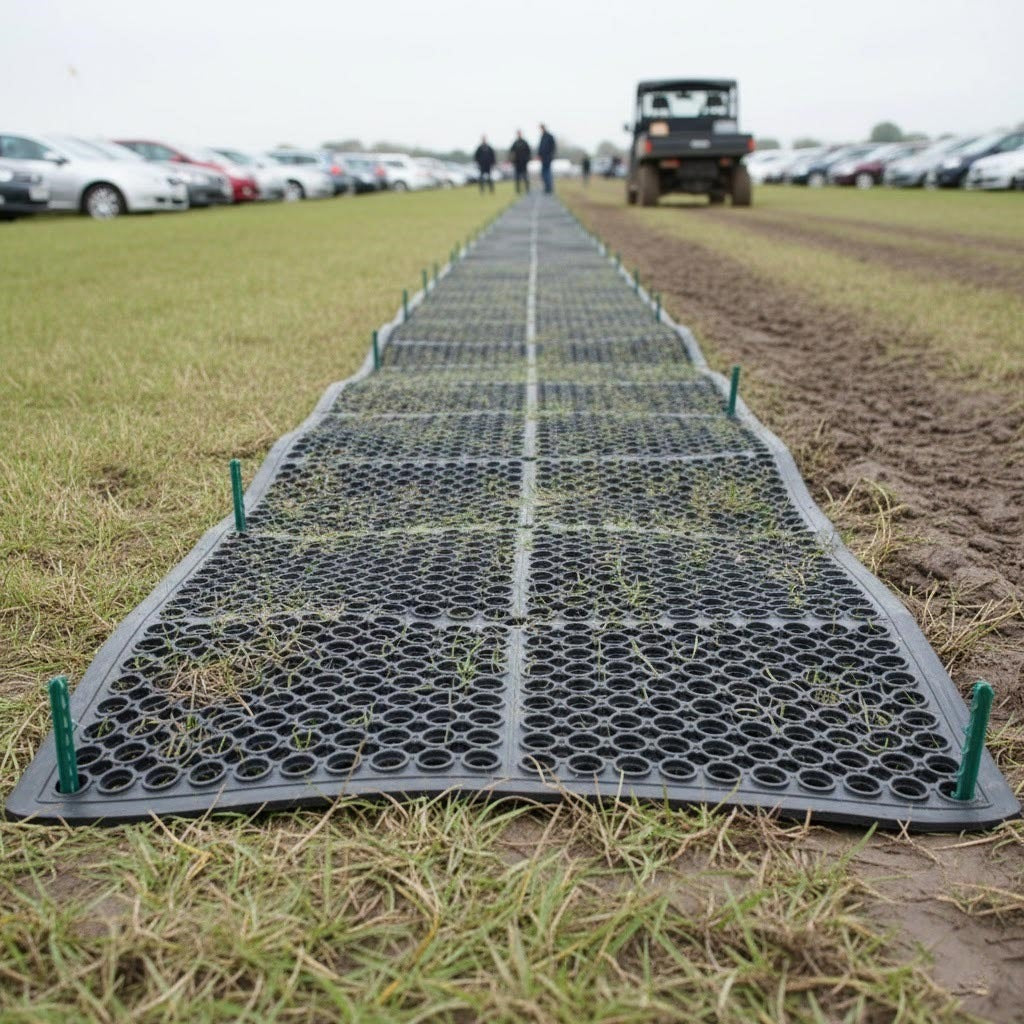 Rubber grass protection mats installed on car park access route for ground reinforcement and erosion control