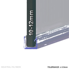 Greyscale render of a clear U-channel seal on a glass panel foot, glass labelled 10-12mm, tolerance 0.5mm