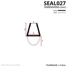 Diagram headed SEAL027 in mm: glass channel 4mm at the mouth, 6mm base, 9mm tall, over a 7mm U-shaped bulb