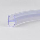 Clear seal curving away across a pale ground, cut end left with the glass channel and rounded bulb outlined in blue
