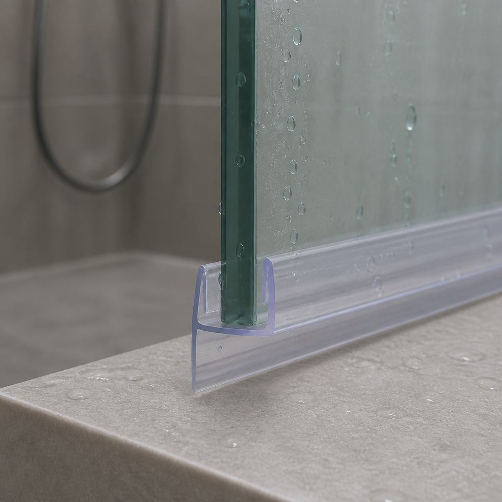 Clear J-hook seal fitted to a glass edge on a tiled bath surround, shower hose behind