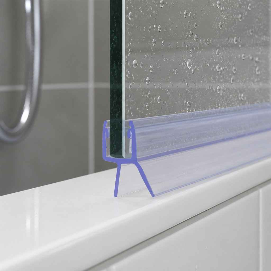 Clear T-fin seal fitted to a glass edge on a white shelf, tiled wall with droplets behind
