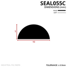 Cross-section drawing of the clear half-round threshold seal, 10mm wide by 5mm high, rigid and soft keys