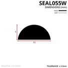 Cross-section drawing of the white half-round threshold seal, 10mm wide and 5mm high, rigid and soft keys