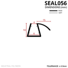 Cross-section of the arched-fin seal: 10mm tall tapered channel, 4mm and 6mm widths, 15mm curved fin