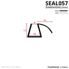 Cross-section of the arched-fin seal: 13mm tall channel, 8mm and 10mm widths, 15mm curved fin reach