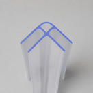Clear 90-degree corner seal viewed end-on, profile outline highlighted in blue, twin glass channels on grey