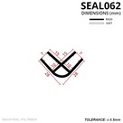 SEAL062 dimensioned drawing in mm: V-shaped twin channel, 28mm legs with 10mm glass slots, rigid and soft key