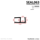 SEAL063 dimensioned drawing in mm: twin 6.5mm glass slots, 17.5mm wide and 8mm tall, rigid, soft and magnet key