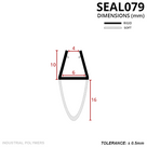 Diagram headed SEAL079 in mm: glass channel 4mm at the mouth, 6mm base, 10mm tall, over a 16mm teardrop bulb
