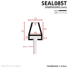 Drawing in mm: 12mm rigid carrier 13mm across, 8mm mouth over a 10mm channel, soft T-blade 6-27mm deep