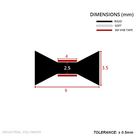 Drawing in mm of the bow-tie I-join: 6mm wide, 3.5mm tall, 4mm faces 2.5mm apart, 3M VHB tape keyed in red