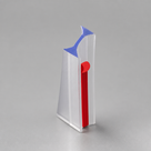 Clear I-join seal offcut standing upright on grey, blue web at the top, red adhesive liner on the face